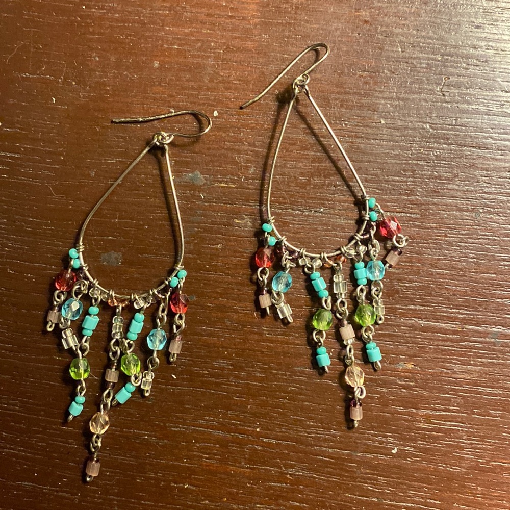 Multi colored beaded silver hanging earrings. Costume jewelry.